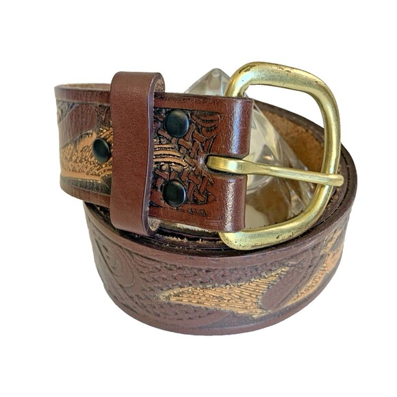 WRANGLER Western Eagle Belt Mens 34/35 Brown Leather Tooled Rodeo Cowboy - Picture 1 of 10